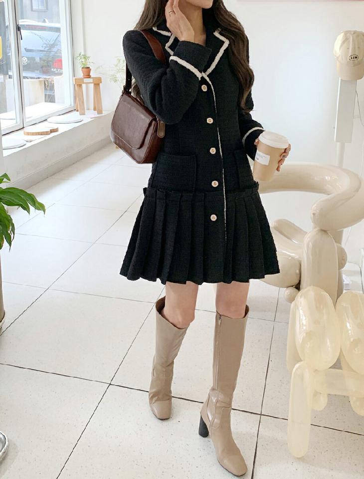 ツイードプリーツヘムワンピース・全2色・b65952 レディース 【ops】韓国ファッション ワンピース ミニ ミニワンピース 長袖 カラーネック 配色カラー ツイード プリーツヘム 肩パッドミニ丈 シンプル カジュアル 秋 冬
