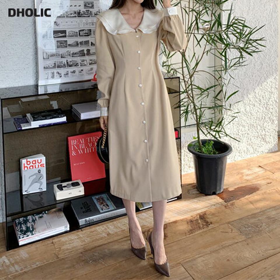配色ダブルカラーワンピース・全2色・t65955 レディース 【ops】韓国ファッション ワンピース ロング ロングワンピース 長袖 カラーネック 配色 カフス ダブルカラー ダーツ ストレート ロング丈 シンプル 体型カバー フェミニン カジュアル 秋 冬