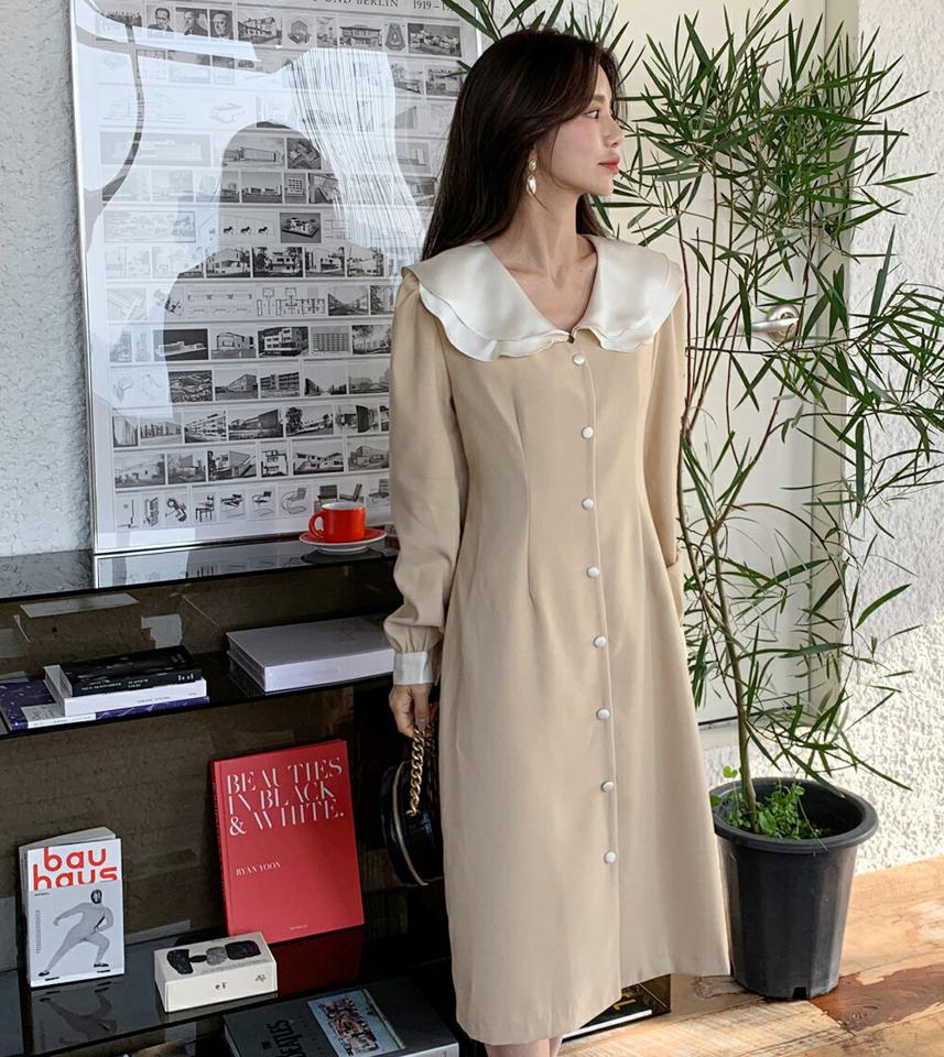 配色ダブルカラーワンピース・全2色・t65955 レディース 【ops】韓国ファッション ワンピース ロング ロングワンピース 長袖 カラーネック 配色 カフス ダブルカラー ダーツ ストレート ロング丈 シンプル 体型カバー フェミニン カジュアル 秋 冬