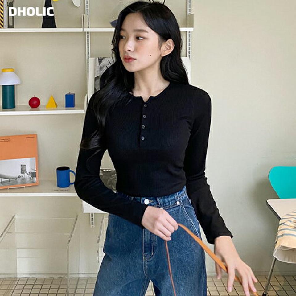ヘンリーネックリブTシャツ・全3色・t01726 レディース 【tops】韓国ファッション トップス Tシャツ 長袖 ヘンリーネック ボタン リブ スリム 異素材 無地 シンプル フェミニン カジュアル 秋 冬 NIJU