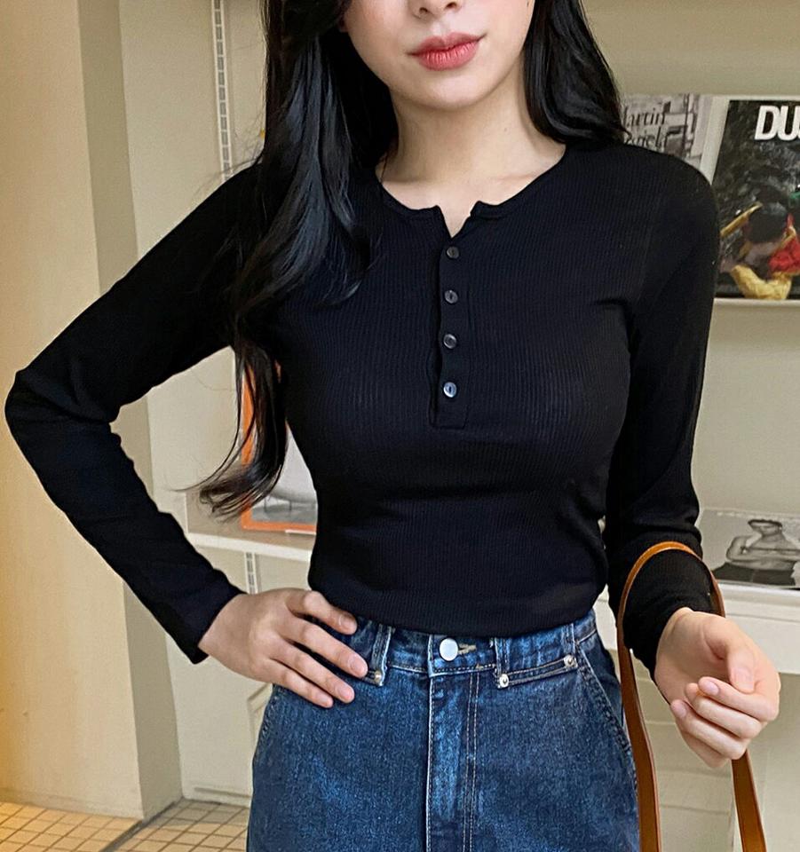 ヘンリーネックリブTシャツ・全3色・t01726 レディース 【tops】韓国ファッション トップス Tシャツ 長袖 ヘンリーネック ボタン リブ スリム 異素材 無地 シンプル フェミニン カジュアル 秋 冬 NIJU