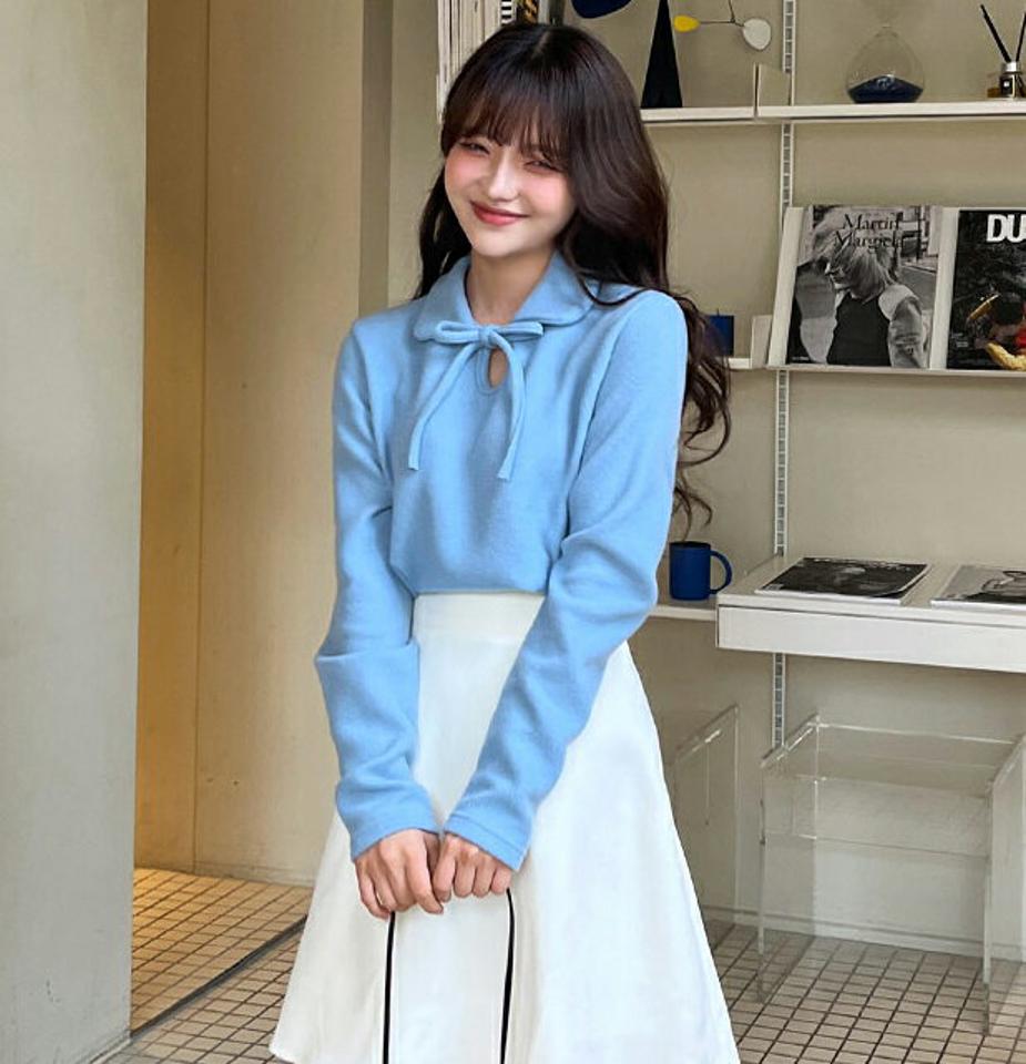 【只今10%OFF】起毛リボンカラーニット・全5色・t01729 レディース 【tops】韓国ファッション トップス ニット 長袖 カラーネック 起毛 リボン スリット カラーニット パステル フェミニン 無地 シンプル 異素材 体型カバー カジュアル 秋 冬 NIJU【ニットセール】