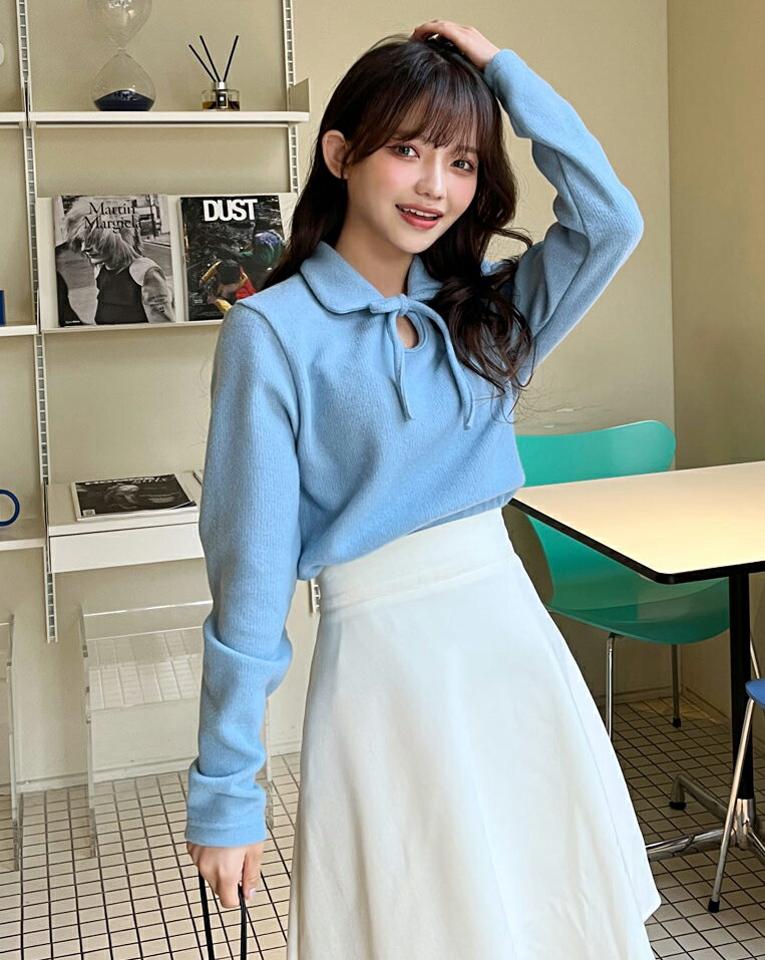 【只今10%OFF】起毛リボンカラーニット・全5色・t01729 レディース 【tops】韓国ファッション トップス ニット 長袖 カラーネック 起毛 リボン スリット カラーニット パステル フェミニン 無地 シンプル 異素材 体型カバー カジュアル 秋 冬 NIJU【ニットセール】