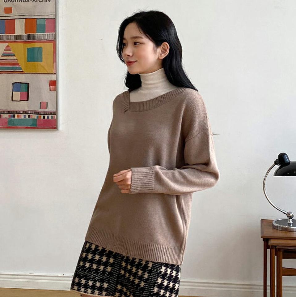 アンバランスネックルーズニット・全3色・b01730 レディース 【tops】韓国ファッション トップス ニット 長袖 アンバランスネック ルーズ ドロップショルダー フェミニン ユニーク 無地 シンプル デイリー 体型カバー 秋 冬 NIJU