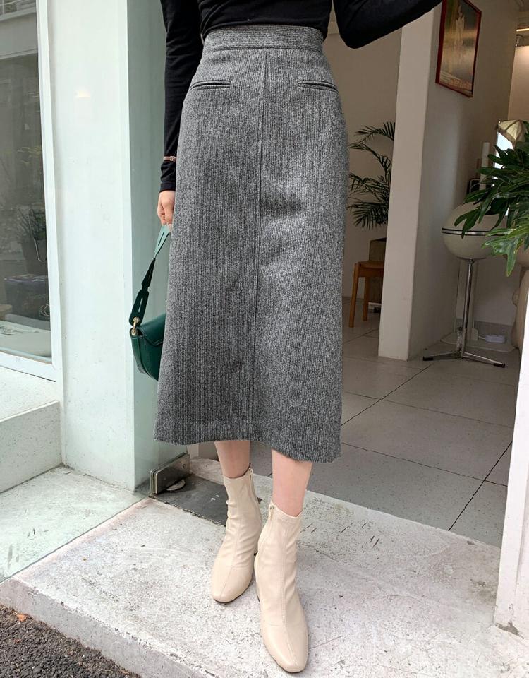 ストライプフェイクポケットスカート・全2色・b65954 レディース 【sk】韓国ファッション ボトムス スカート ロング ロングスカート ストライプ メランジ風 Iライン スリット ロング丈 シンプル 大人 カジュアル フェミニン 体型カバー 秋 冬