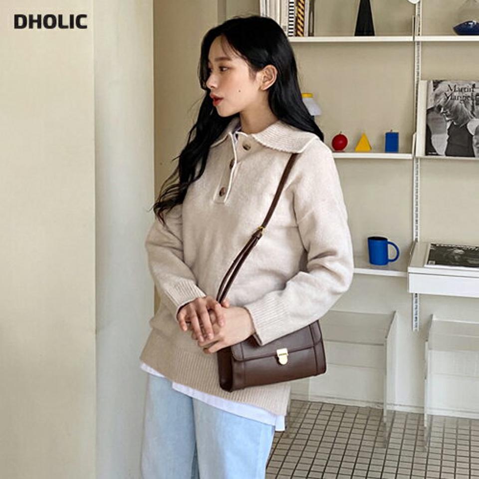 3ボタンリブカラーニット・全4色・t01732 レディース 【tops】韓国ファッション トップス ニット 長袖 カラーネック ボタン リブ ドロップショルダー フェミニン 無地 シンプル ルーズ 異素材 体型カバー カジュアル 秋 冬 NIJU