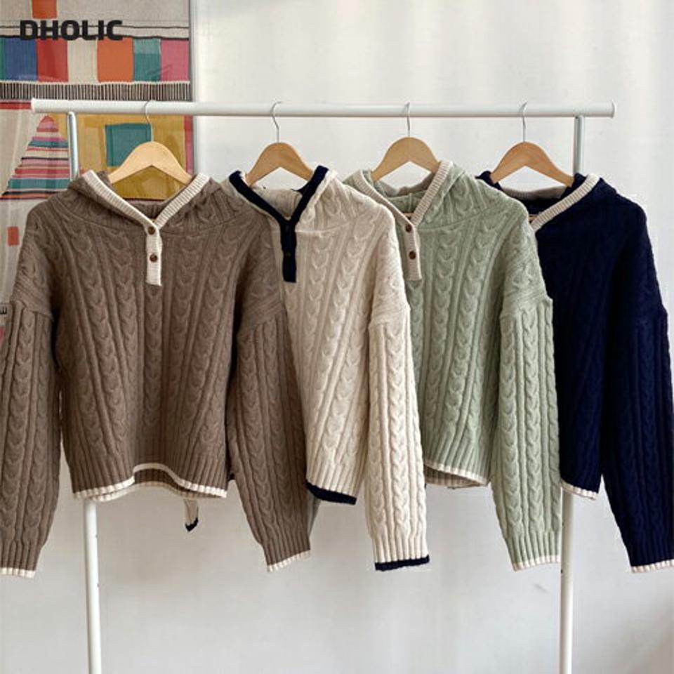 配色ケーブルフードニット・全4色・t01759 レディース 【tops】韓国ファッション トップス ニット 長袖 フード 配色 ケーブル編み ツイスト フェミニン シンプル デイリー 異素材 体型カバー カジュアル 秋 冬 NIJU