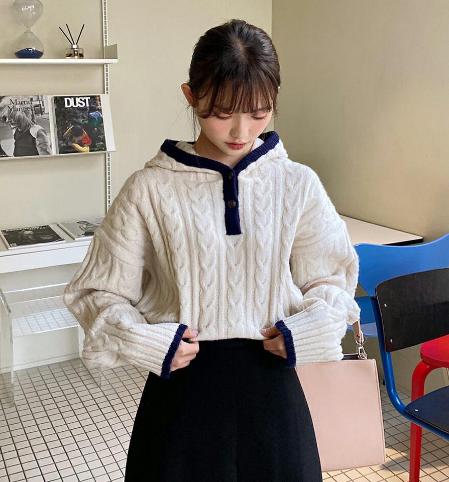 配色ケーブルフードニット・全4色・t01759 レディース 【tops】韓国ファッション トップス ニット 長袖 フード 配色 ケーブル編み ツイスト フェミニン シンプル デイリー 異素材 体型カバー カジュアル 秋 冬 NIJU