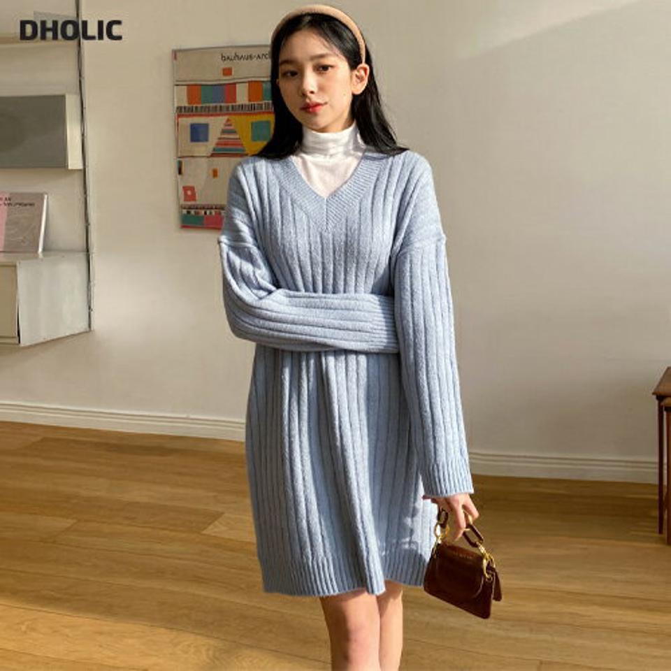 Vネックリブニットミニワンピース・全5色・t01734 レディース 【ops】韓国ファッション ワンピース ミニ ミニワンピース 長袖 Vネック リブ ニットワンピース ドロップショルダー ミニ丈 無地 シンプル 体型カバー デイリー カジュアル 秋 冬 NIJU