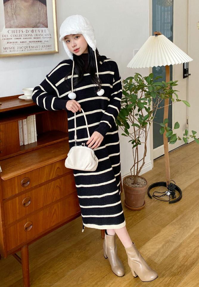 セーラーカラーボーダーニットワンピース・全3色・b01736 レディース 【ops】韓国ファッション ワンピース ロング ロングワンピース 長袖 Vネック セーラーカラー ボーダー ニットワンピース ロング丈 シンプル 体型カバー カジュアル 秋 冬 NIJU