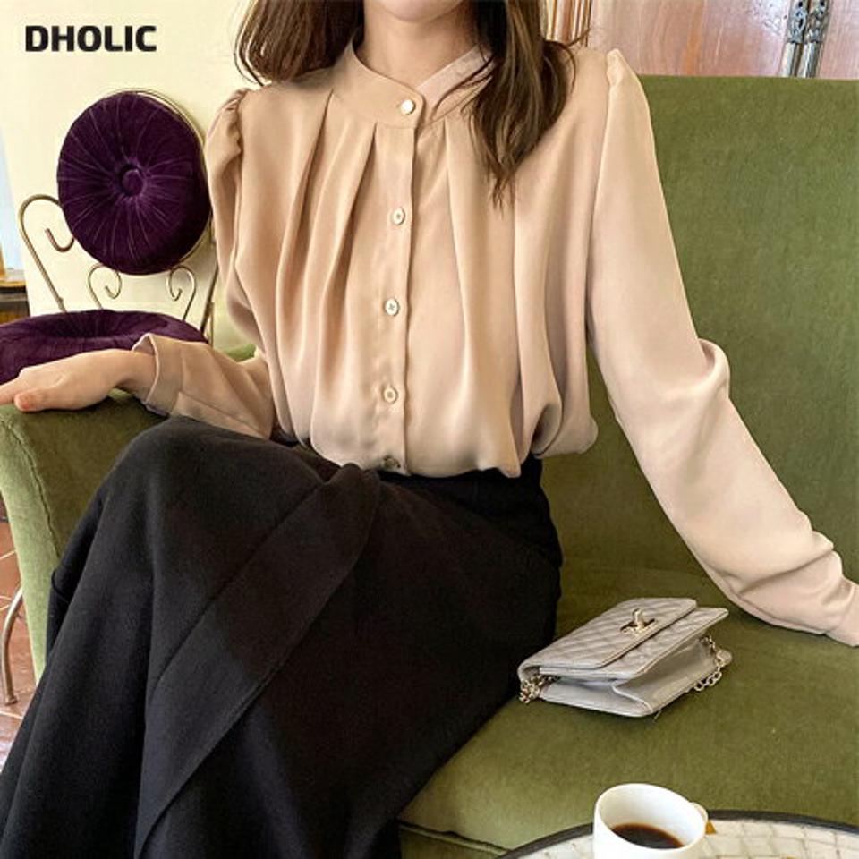 フェイクパールタックパフブラウス・全3色・e65974 レディース 【bl】韓国ファッション トップス ブラウス 長袖 バンドカラー フェイクパール タック パフスリーブ 単色 シンプル 大人 カジュアル フェミニン 秋 冬