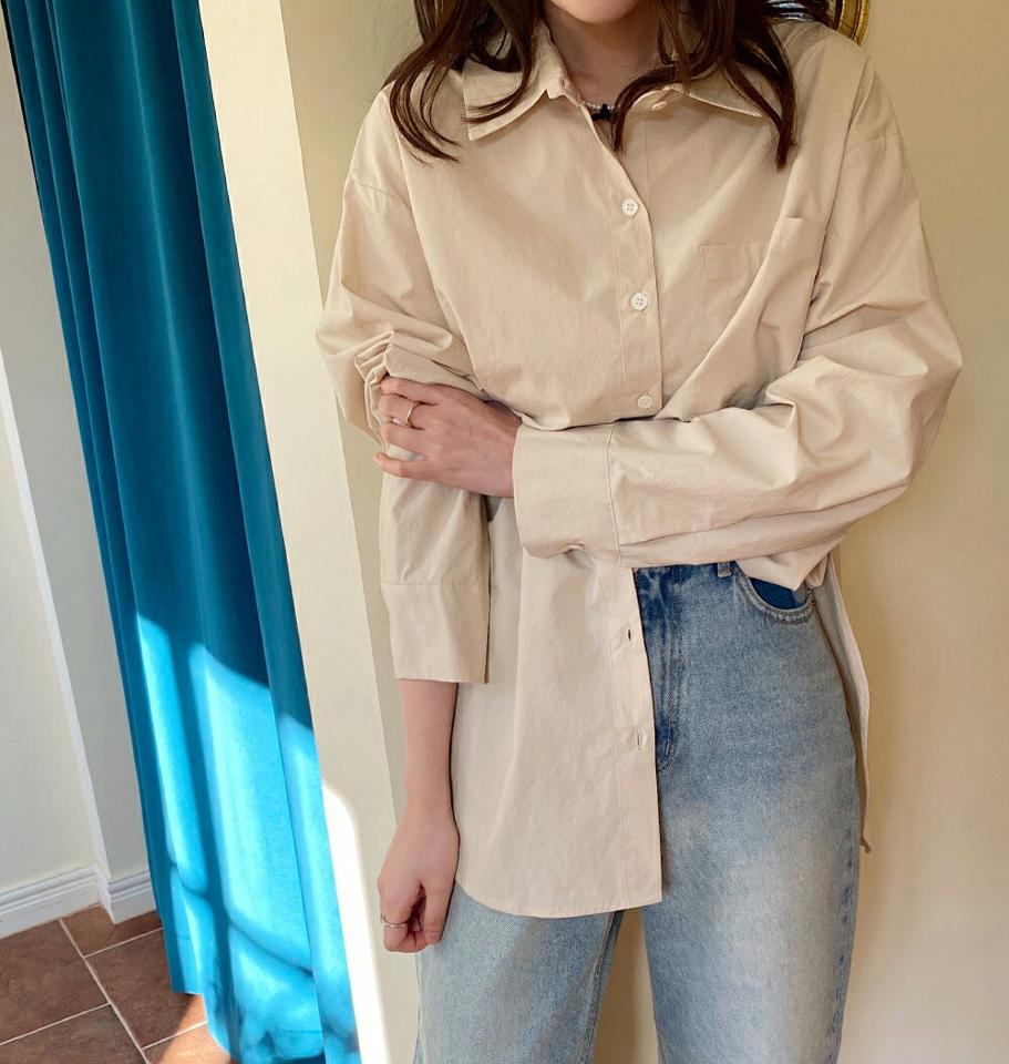 ワンポケットルーズシャツ・全3色・e65975 レディース 【bl】韓国ファッション トップス シャツ 長袖 カラーネック ワンポケット ルーズ ボタン コットンシャツ 無地 ベーシック シンプル カジュアル ルーズ ガーリー スクールガール 秋 冬