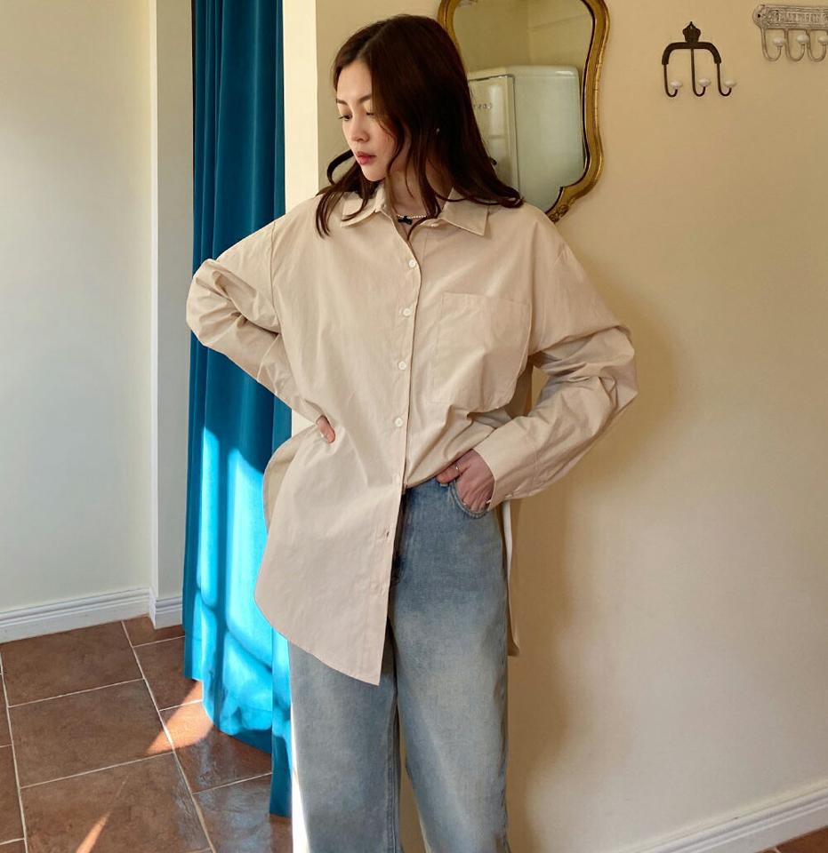 ワンポケットルーズシャツ・全3色・e65975 レディース 【bl】韓国ファッション トップス シャツ 長袖 カラーネック ワンポケット ルーズ ボタン コットンシャツ 無地 ベーシック シンプル カジュアル ルーズ ガーリー スクールガール 秋 冬