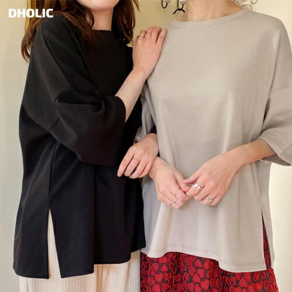 オーバーフィットTシャツ・全3色・b66063 レディース 【tops】韓国ファッション トップス Tシャツ 大人 長袖 ラウンドネック ハーフスリーブ ルーズ スリット コットン 無地 ベーシック シンプル 体型カバー 細身 フェミニン カジュアル 秋 冬