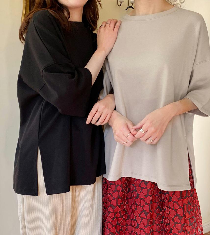 オーバーフィットTシャツ・全3色・b66063 レディース 【tops】韓国ファッション トップス Tシャツ 大人 長袖 ラウンドネック ハーフスリーブ ルーズ スリット コットン 無地 ベーシック シンプル 体型カバー 細身 フェミニン カジュアル 秋 冬