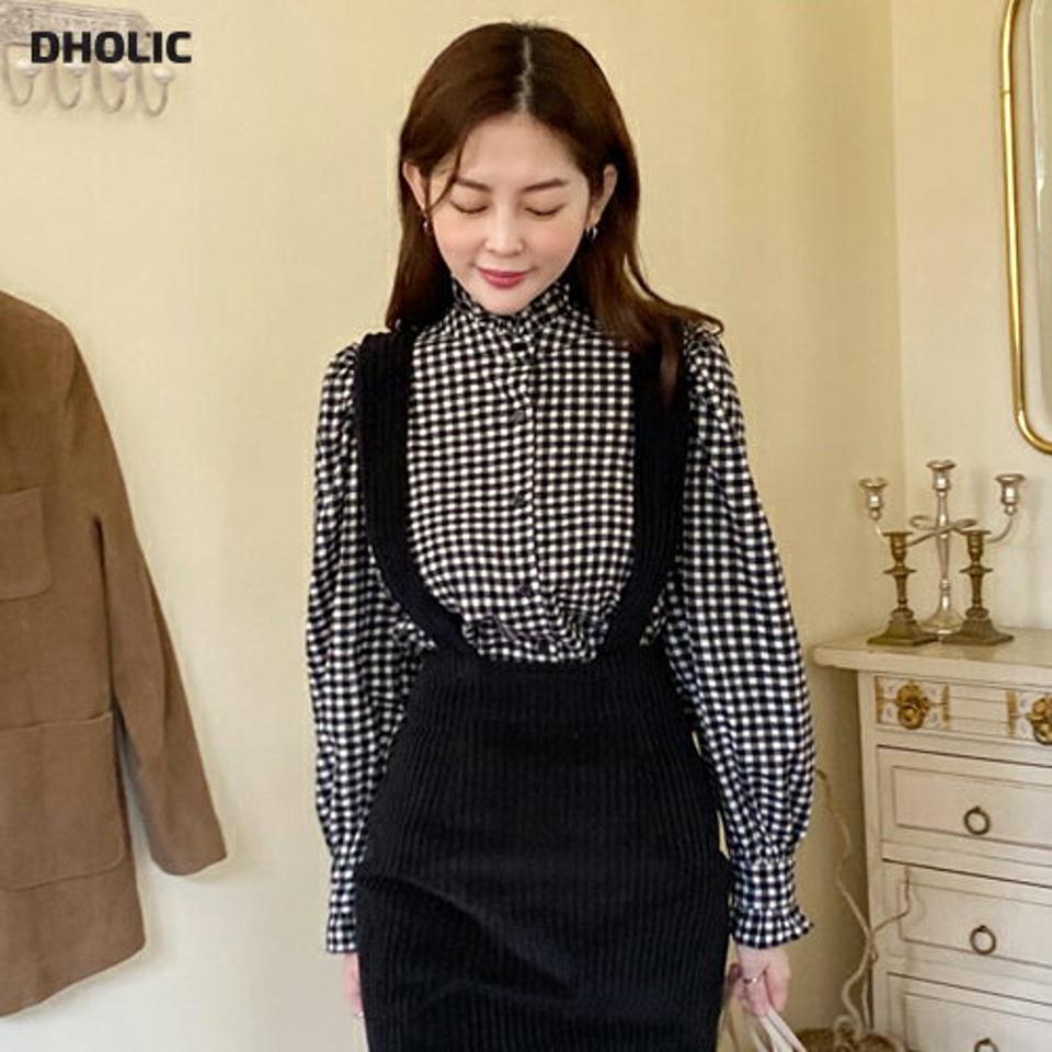 ギンガムチェックフリルブラウス・全2色・b66017 レディース 【bl】韓国ファッション トップス ブラウス 長袖 ギンガム チェッ クフリル カフス ボタン シンプル 大人 カジュアル フェミニン ガーリー 秋 冬