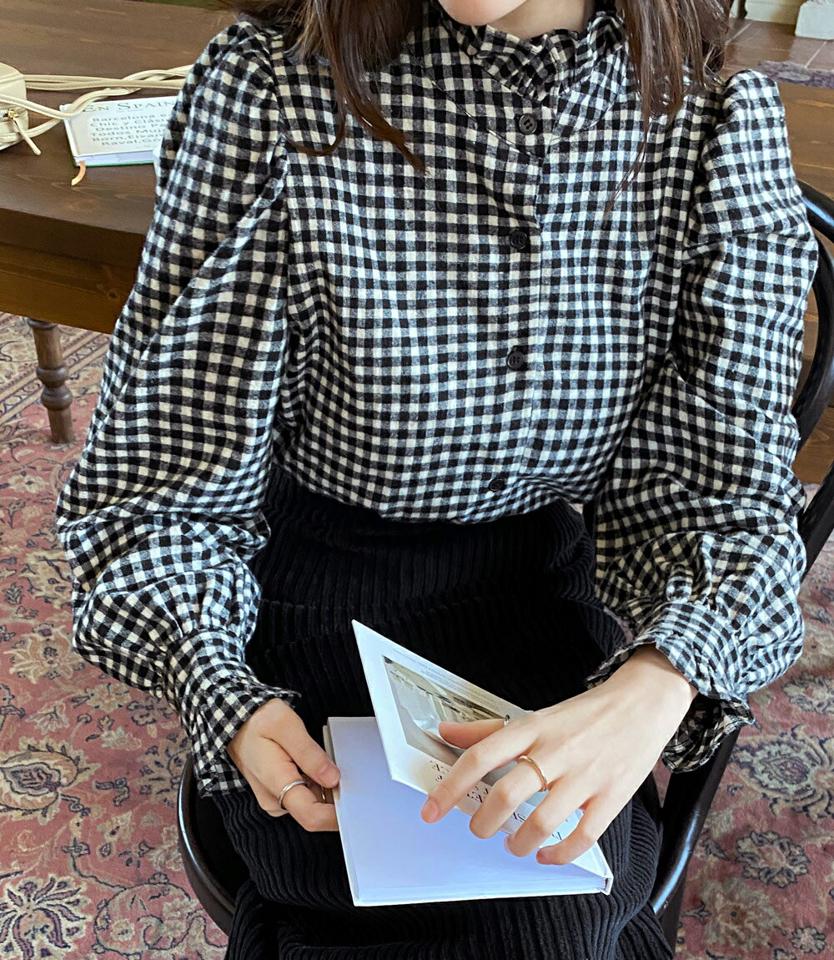ギンガムチェックフリルブラウス・全2色・b66017 レディース 【bl】韓国ファッション トップス ブラウス 長袖 ギンガム チェッ クフリル カフス ボタン シンプル 大人 カジュアル フェミニン ガーリー 秋 冬