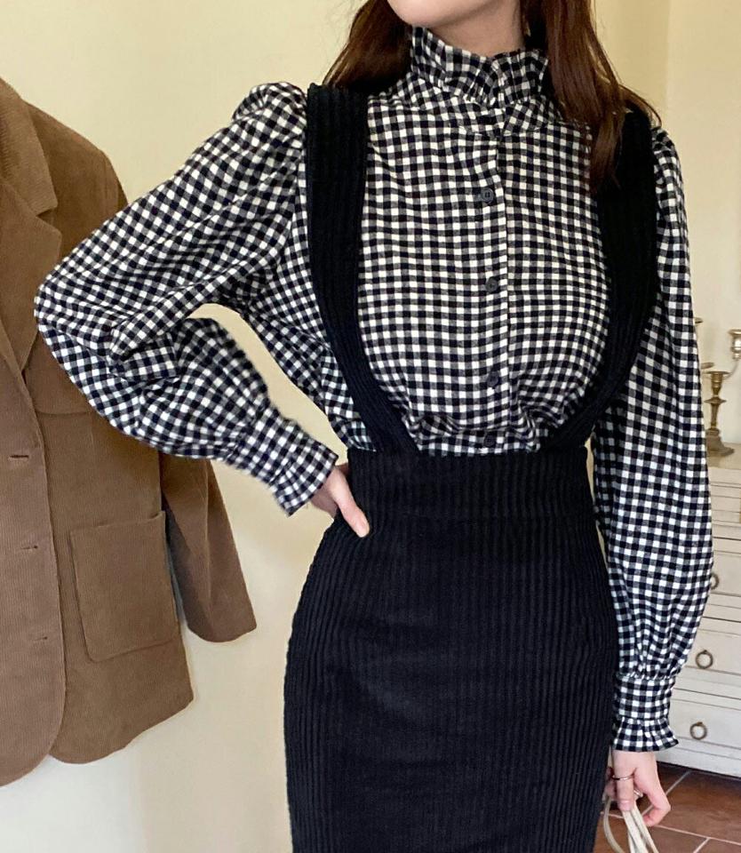 ギンガムチェックフリルブラウス・全2色・b66017 レディース 【bl】韓国ファッション トップス ブラウス 長袖 ギンガム チェッ クフリル カフス ボタン シンプル 大人 カジュアル フェミニン ガーリー 秋 冬
