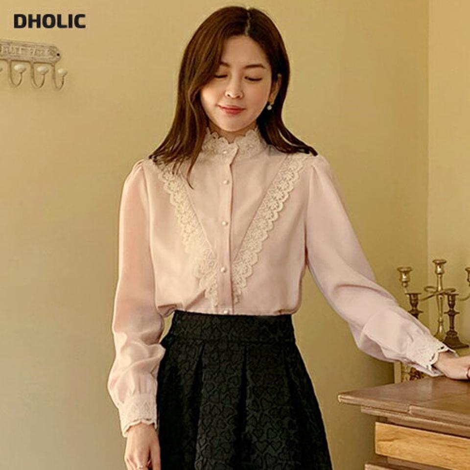 【新作10%OFF】Vスカラップレースブラウス・全3色・t66034 レディース 【bl】韓国ファッション トップス ブラウス 長袖 スタンドカラー Vスカラップ レース カフス ボタン シンプル 大人 体型カバー カジュアル フェミニン 秋 冬