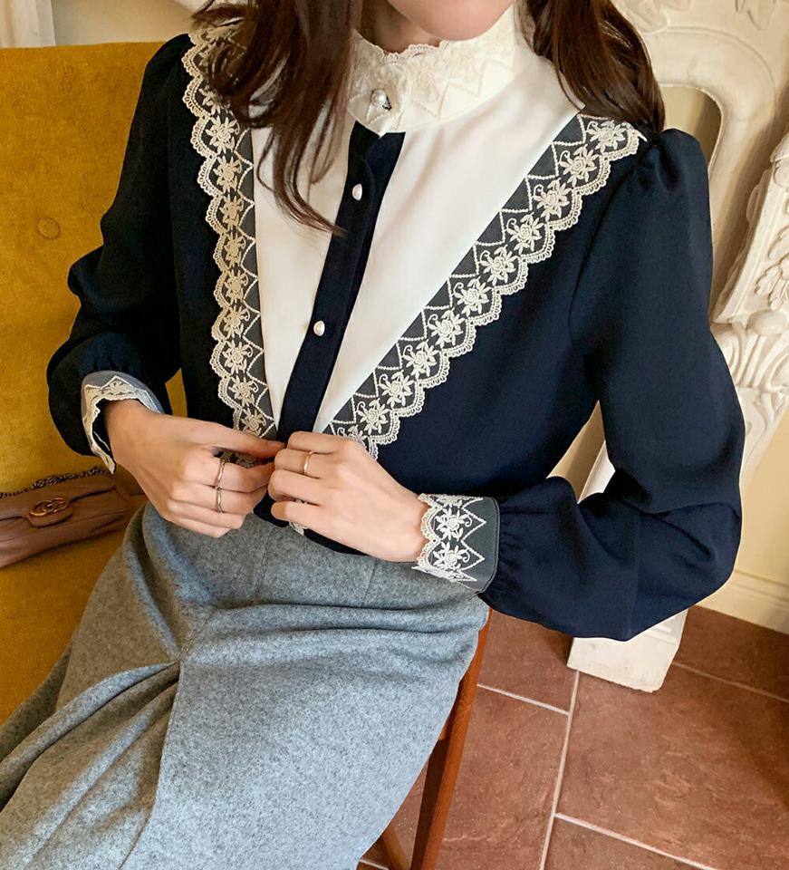 【新作10%OFF】Vスカラップレースブラウス・全3色・t66034 レディース 【bl】韓国ファッション トップス ブラウス 長袖 スタンドカラー Vスカラップ レース カフス ボタン シンプル 大人 体型カバー カジュアル フェミニン 秋 冬