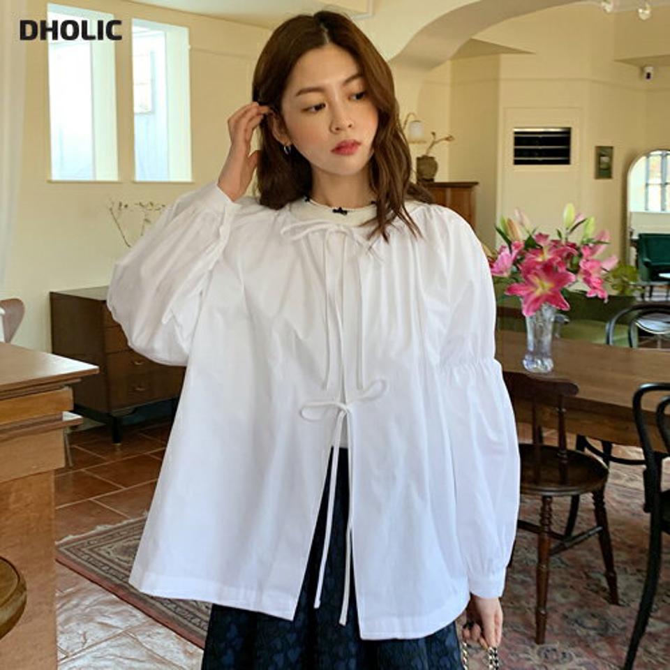 2WAYリボンオープンブラウス・全2色・t66035 レディース 【bl】韓国ファッション トップス ブラウス 長袖 ラウンドネック リボン オープンブラウス カフス ボタン 単色 シンプル 大人 カジュアル フェミニン 秋 冬