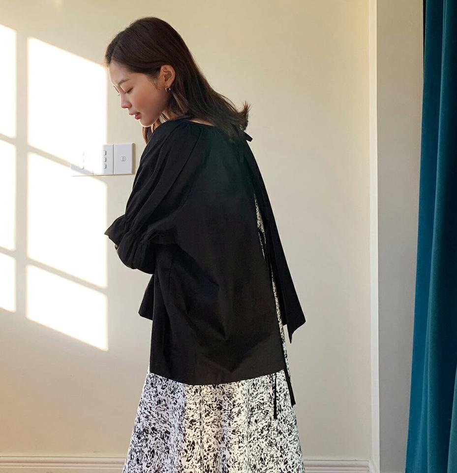 2WAYリボンオープンブラウス・全2色・t66035 レディース 【bl】韓国ファッション トップス ブラウス 長袖 ラウンドネック リボン オープンブラウス カフス ボタン 単色 シンプル 大人 カジュアル フェミニン 秋 冬