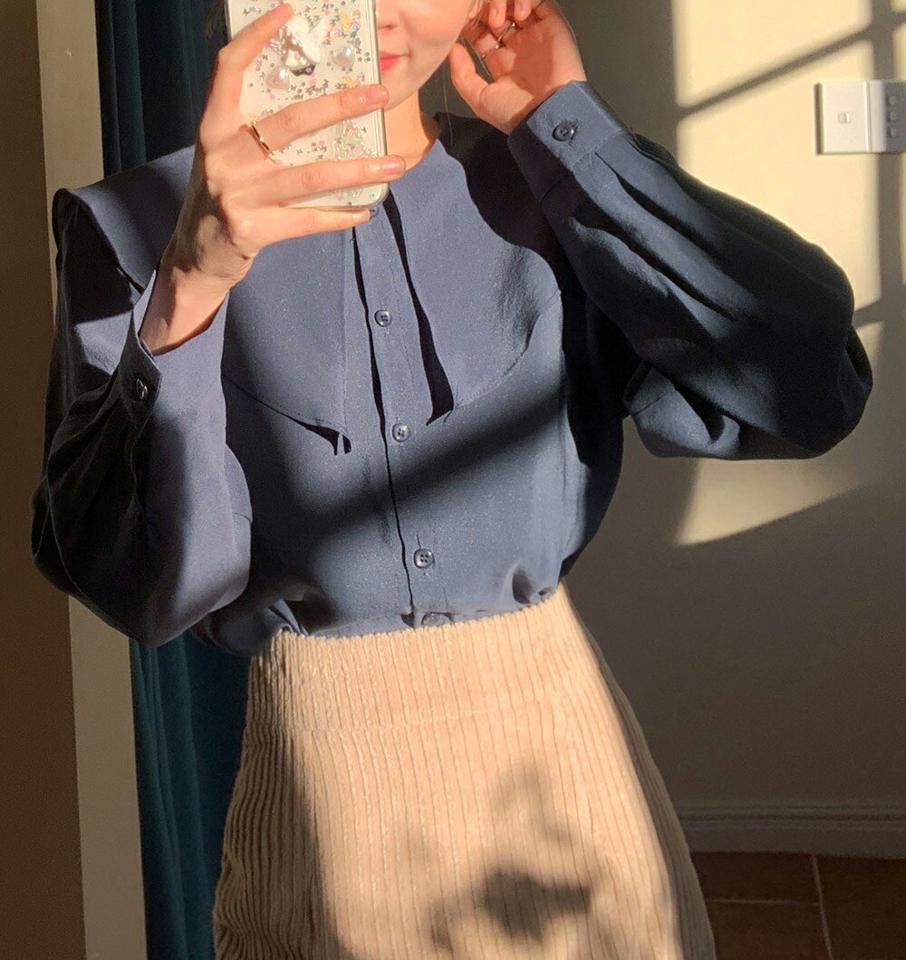 セーラービッグカラーボタンブラウス・全3色・t66037 レディース 【bl】韓国ファッション トップス ブラウス 長袖 カラーネック セーラー ビッグカラー 襟コン ボタン モダール混 単色 シンプル 大人 体型カバー カジュアル フェミニン 秋 冬