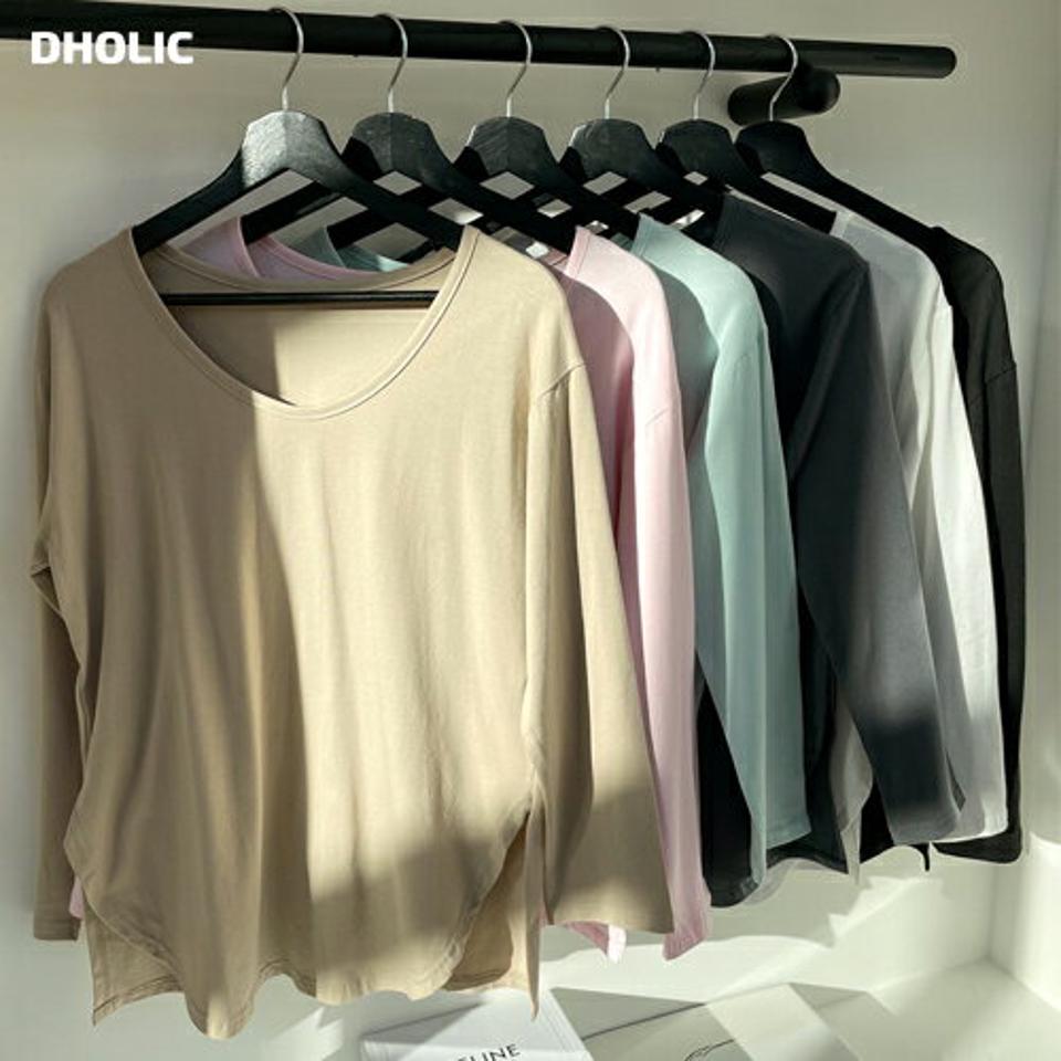 【新作10%OFF】ラウンドヘムスリットTシャツ・全6色・t71342 レディース 【tops】トップス Tシャツ 長袖 ロンT 単色 無地 シンプル ベーシック 大人 カジュアル スリット ラフ デコルテ 鎖骨 秋 冬 春 韓国ファッション ハイホリHIHOLLI