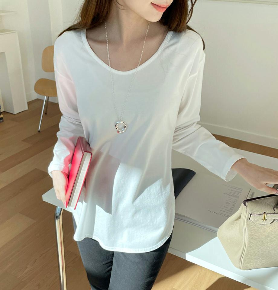 【新作10%OFF】ラウンドヘムスリットTシャツ・全6色・t71342 レディース 【tops】トップス Tシャツ 長袖 ロンT 単色 無地 シンプル ベーシック 大人 カジュアル スリット ラフ デコルテ 鎖骨 秋 冬 春 韓国ファッション ハイホリHIHOLLI