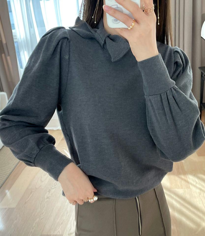 リボンネックパフニット・全6色・b71343 レディース 【tops】トップス ニット 長袖 りぼん 襟 単色 無地 シンプル レディ フェミニン かわいい パフショルダー パフ袖 ハーフネック 大人 秋 冬 韓国ファッション ハイホリHIHOLLI