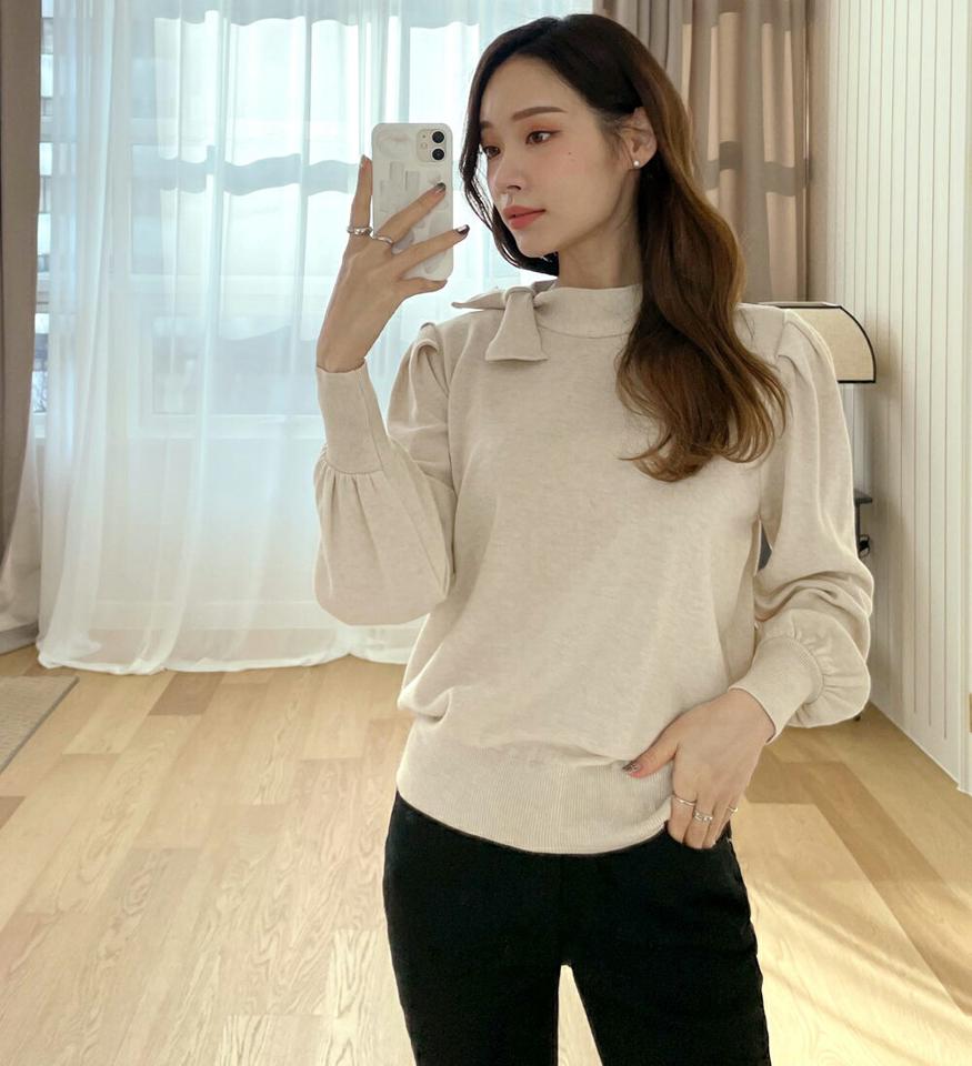 リボンネックパフニット・全6色・b71343 レディース 【tops】トップス ニット 長袖 りぼん 襟 単色 無地 シンプル レディ フェミニン かわいい パフショルダー パフ袖 ハーフネック 大人 秋 冬 韓国ファッション ハイホリHIHOLLI