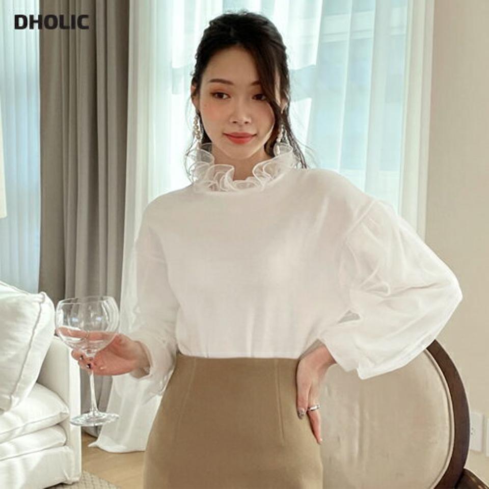 シースルーフリルネックTシャツ・全2色・b71344 レディース 【tops】トップス フリルネック シアー シースルー 透け感 長袖 大人 単色 無地 シンプル かわいい フェミニン サイドスリット 秋 冬 春 韓国ファッション ハイホリHIHOLLI