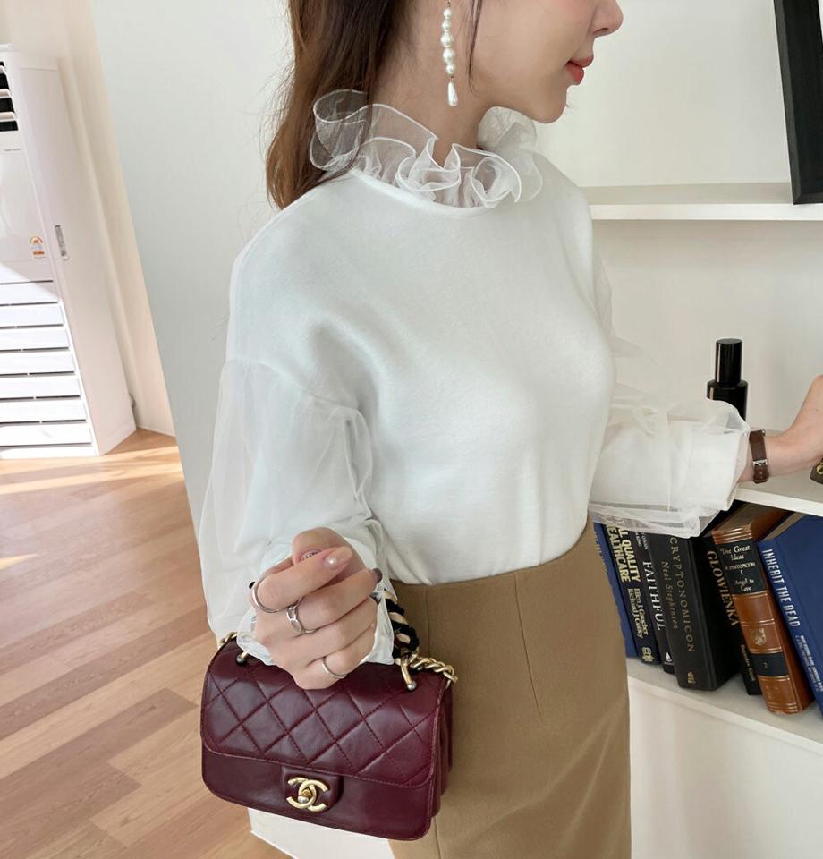 シースルーフリルネックTシャツ・全2色・b71344 レディース 【tops】トップス フリルネック シアー シースルー 透け感 長袖 大人 単色 無地 シンプル かわいい フェミニン サイドスリット 秋 冬 春 韓国ファッション ハイホリHIHOLLI