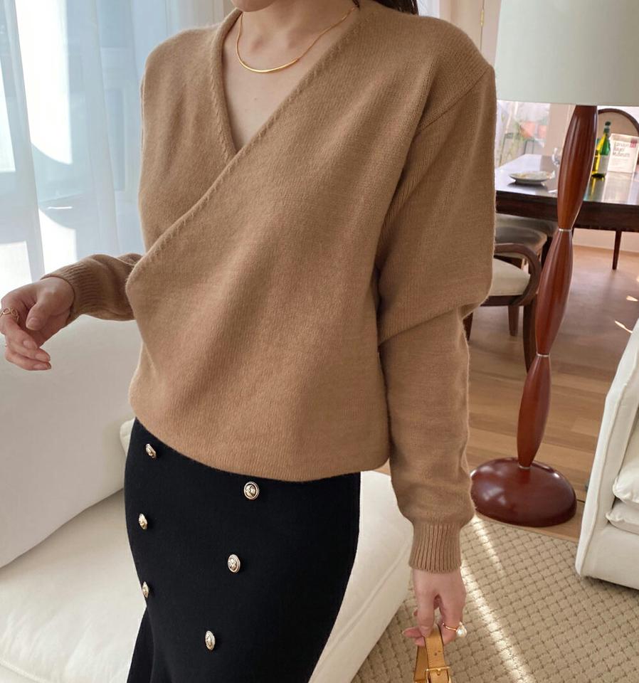 【只今10%OFF】ディープVネックラップニット・全4色・t71346 レディース 【tops】トップス ニット 長袖 Vネック ラップデザイン 単色 無地 シンプル 大人 カジュアル 秋 冬 韓国ファッション ハイホリHIHOLLI【ニットセール】