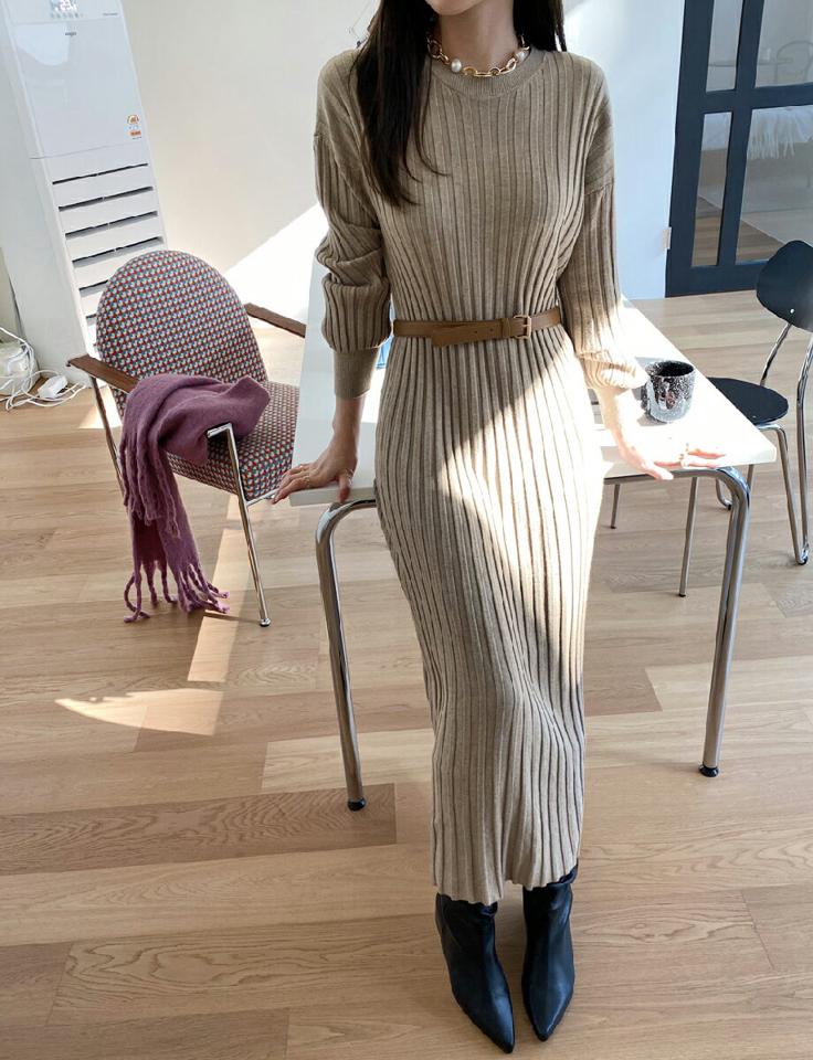 リブニットロングワンピース・全2色・b71348 レディース 【ops】ワンピース ロング丈 ロングワンピース 長袖 リブニット ニットワンピース 単色 シンプル カジュアル ラフ 大人 秋 冬 韓国ファッション ハイホリHIHOLLI 年上