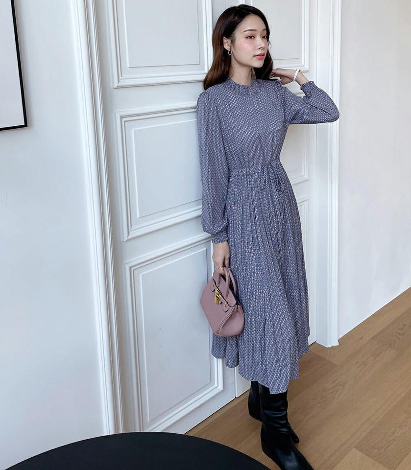 【新作10%OFF】ハート柄プリーツワンピース・全3色・b71350 レディース 【ops】ワンピース ロング丈 ロングワンピース 長袖 プリーツ ハート かわいい 可愛い 大人 フェミニン レトロ ハーフネック シャーリング 秋 冬 韓国ファッション ハイホリHIHOLLI