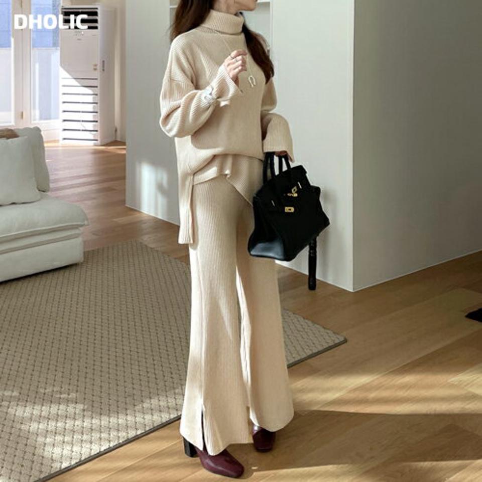 【新作10%OFF】タートルネックリブニット&ワイドパンツSET・全2色・t71353 レディース 【pt】セットアップ setup トップス ニット 長袖 タートルネック ハイネック パンツ ズボン リブニット 単色 無地 シンプル ラフ ニットアップ 秋 冬 韓国ファッション ハイホリHIHOLLI