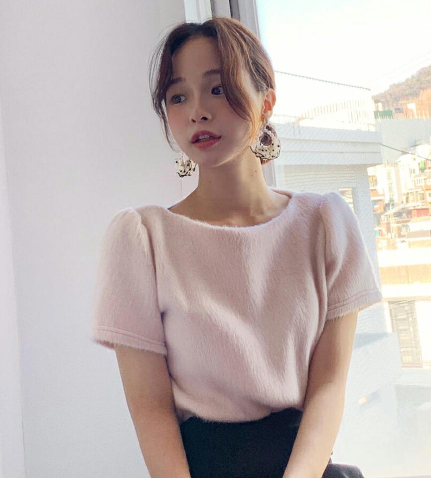 ソフトタッチ半袖Tシャツ・全3色・b66409 レディース 【tops】韓国ファッション トップス Tシャツ 大人 半袖 ラウンドネック パフスリーブ ソフトタッチ 無地 シンプル パステル 細身 フェミニン カジュアル 秋 冬