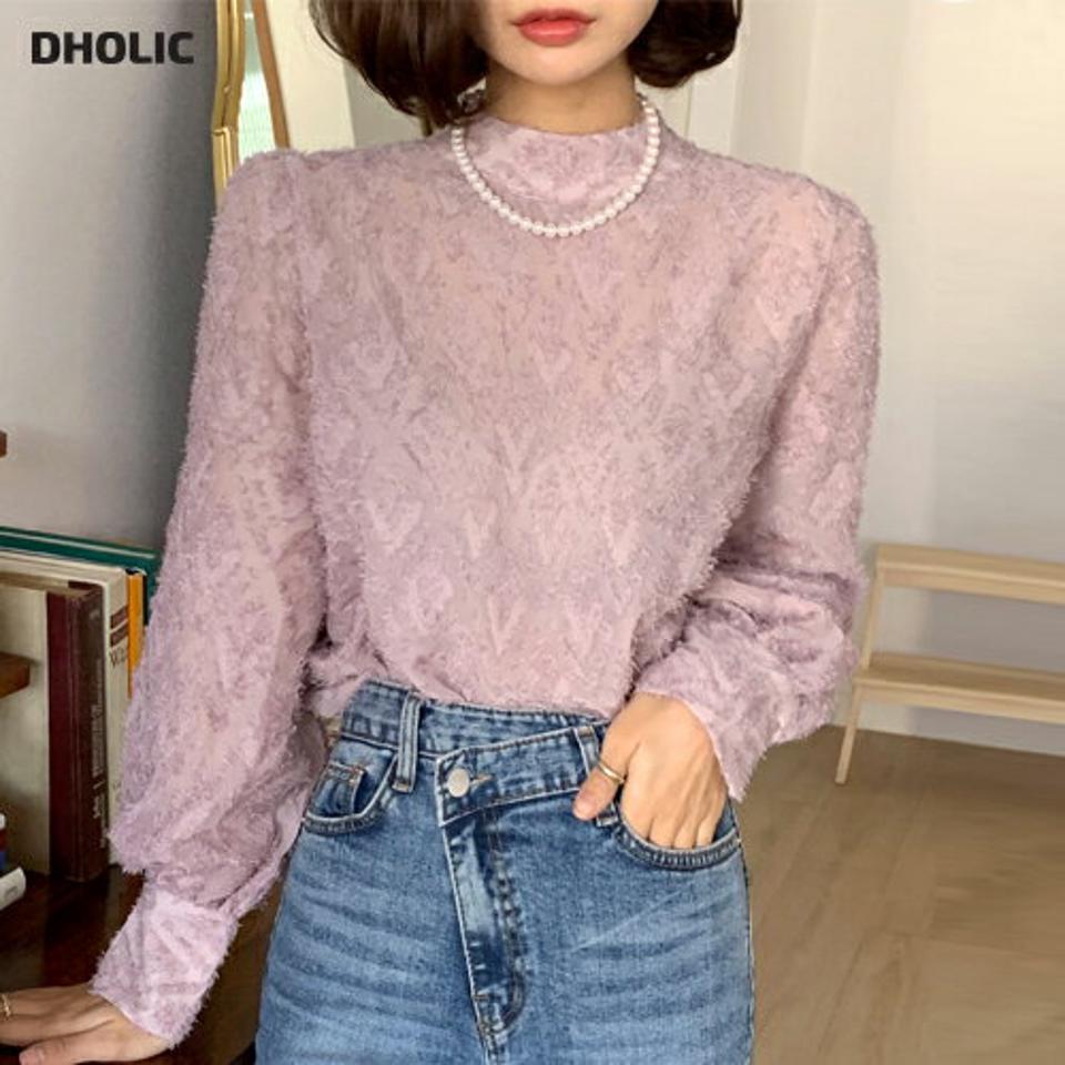 即日配送 フェザー風シアーブラウス・全4色・t66430 レディース 【bl】韓国ファッション トップス ブラウス 長袖 ハーフネック フェザー風 シアー シースルー パフスリーブ ユニーク シンプル 大人 体型カバー カジュアル フェミニン 秋 冬