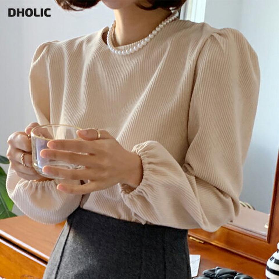 【新作10%OFF】ラウンドコーデュロイブラウス・全3色・t66429 レディース 【bl】韓国ファッション トップス ブラウス 長袖 ラウンドネック コーデュロイ パフスリーブ 単色 シンプル 大人 体型カバー カジュアル フェミニン 秋 冬