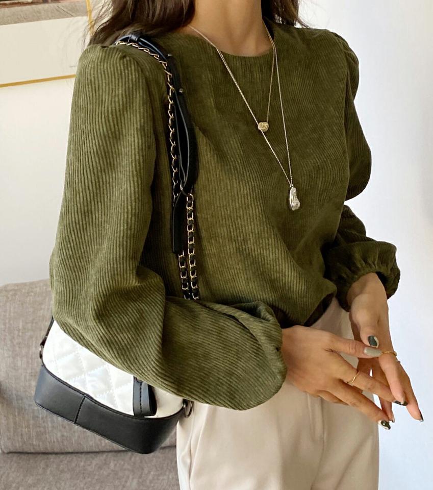 【新作10%OFF】ラウンドコーデュロイブラウス・全3色・t66429 レディース 【bl】韓国ファッション トップス ブラウス 長袖 ラウンドネック コーデュロイ パフスリーブ 単色 シンプル 大人 体型カバー カジュアル フェミニン 秋 冬