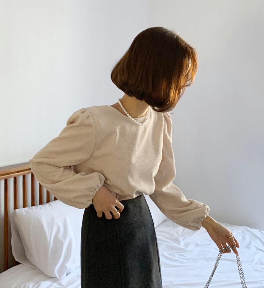 【新作10%OFF】ラウンドコーデュロイブラウス・全3色・t66429 レディース 【bl】韓国ファッション トップス ブラウス 長袖 ラウンドネック コーデュロイ パフスリーブ 単色 シンプル 大人 体型カバー カジュアル フェミニン 秋 冬