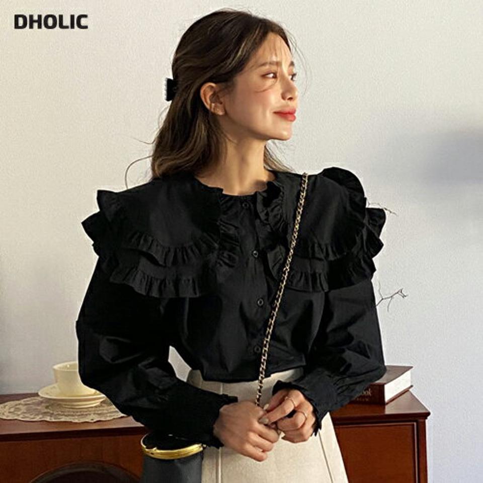 フリルセーラーカラーブラウス・全2色・t66432 レディース 【bl】韓国ファッション トップス ブラウス 長袖 ラウンドヘム フリル セーラーカラー 襟コン シャーリング 単色 無地 シンプル 大人 体型カバー カジュアル フェミニン 秋 冬