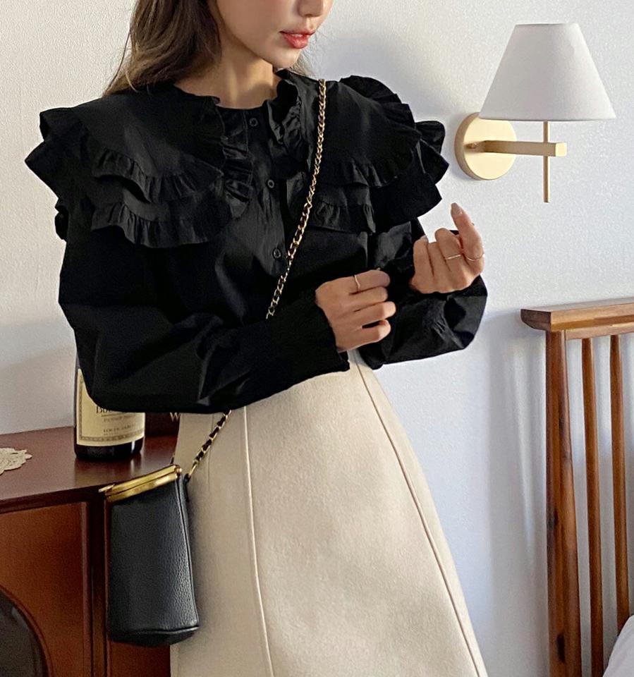 フリルセーラーカラーブラウス・全2色・t66432 レディース 【bl】韓国ファッション トップス ブラウス 長袖 ラウンドヘム フリル セーラーカラー 襟コン シャーリング 単色 無地 シンプル 大人 体型カバー カジュアル フェミニン 秋 冬