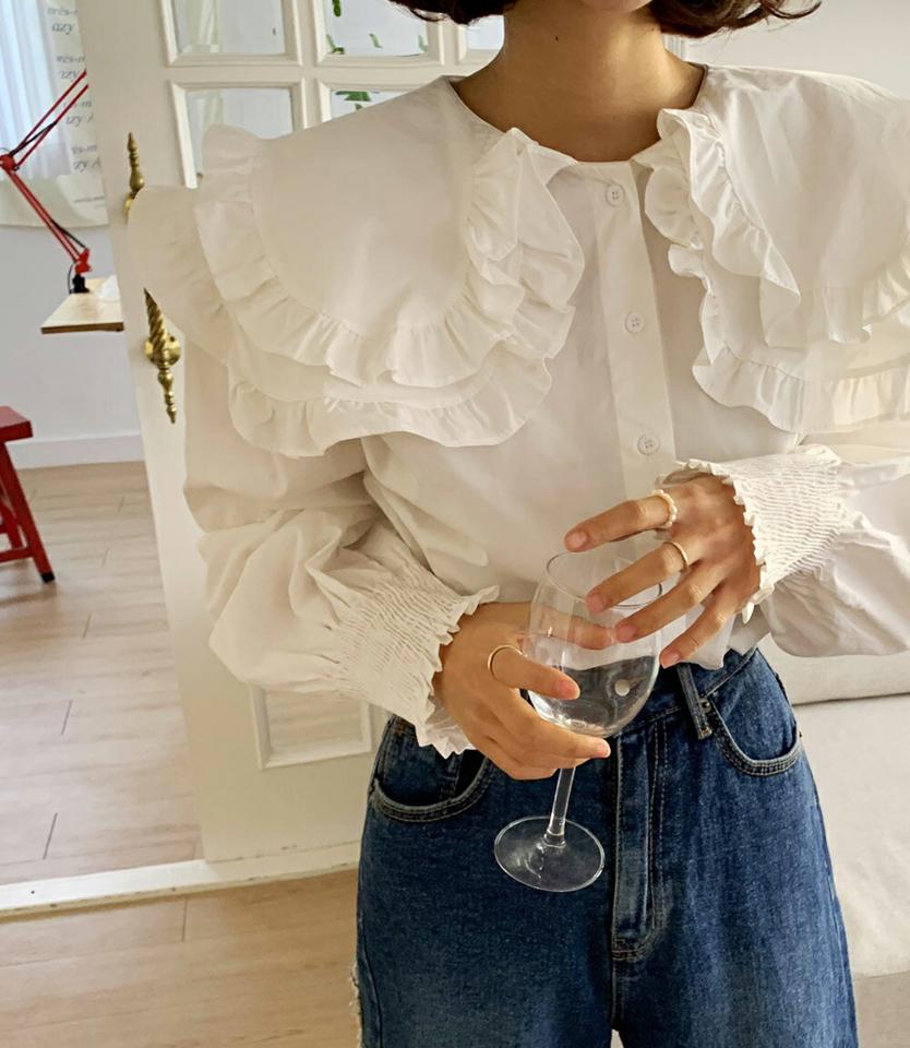 フリルセーラーカラーブラウス・全2色・t66432 レディース 【bl】韓国ファッション トップス ブラウス 長袖 ラウンドヘム フリル セーラーカラー 襟コン シャーリング 単色 無地 シンプル 大人 体型カバー カジュアル フェミニン 秋 冬