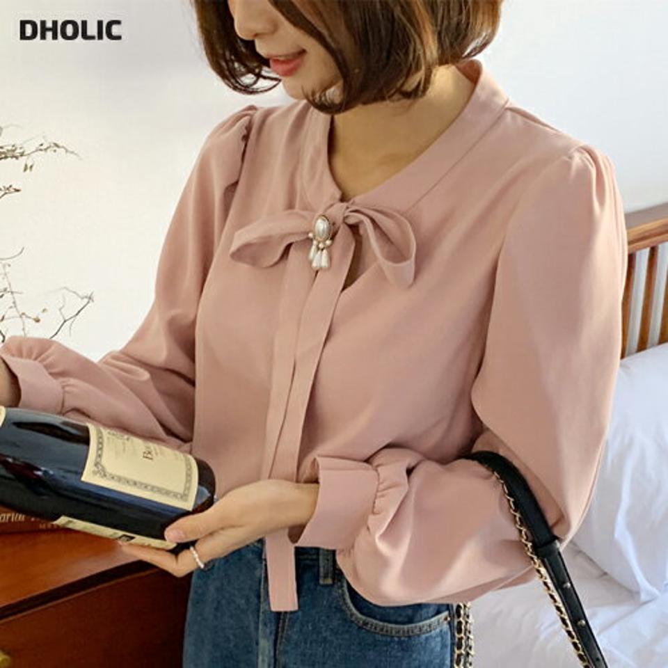 ボウタイパフブラウス・全3色・t66433 レディース 【bl】韓国ファッション トップス ブラウス 長袖 ラウンドネック ボウタイ パフスリーブ 襟コン リボン スリット 無地 シンプル 大人 体型カバー カジュアル フェミニン 秋 冬