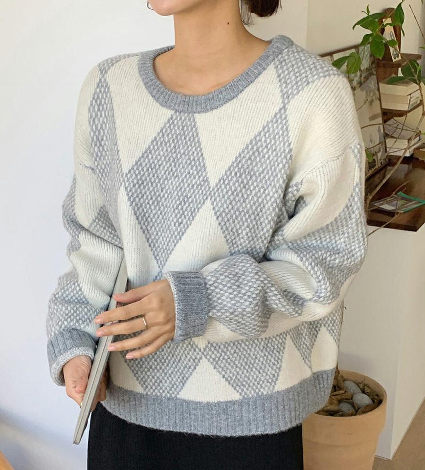 【新作10%OFF】ダイヤパターンルーズニット・全3色・t66406 レディース 【tops】韓国ファッション トップス ニット 大人 長袖 ラウンドネック ダイヤパターン 柄ニット ルーズ ドロップショルダー 異素材 シンプル 体型カバー フェミニン カジュアル ガーリー 秋 冬