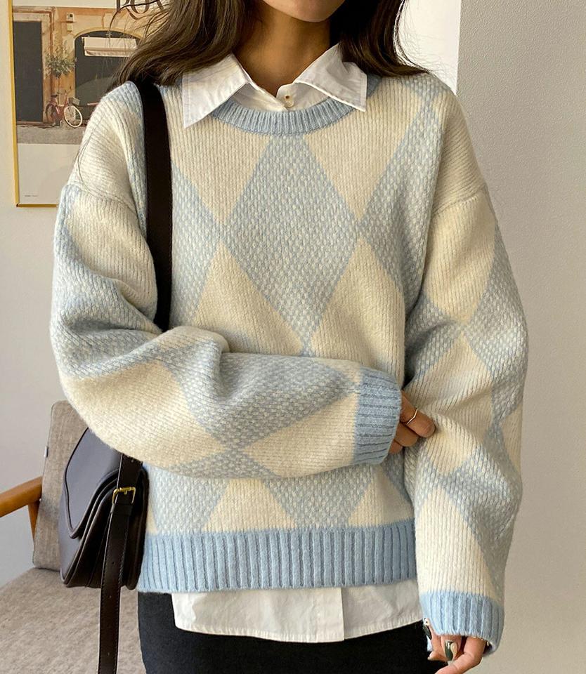 【新作10%OFF】ダイヤパターンルーズニット・全3色・t66406 レディース 【tops】韓国ファッション トップス ニット 大人 長袖 ラウンドネック ダイヤパターン 柄ニット ルーズ ドロップショルダー 異素材 シンプル 体型カバー フェミニン カジュアル ガーリー 秋 冬