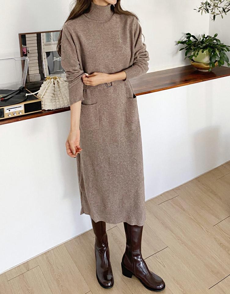 【LUCKY PRICE】カシミヤ混ベルト付ニットワンピース・全3色・t66424 レディース 【ops】韓国ファッション ワンピース ロング ロングワンピース 長袖 タートルネック カシミヤ混 ベルト付 ニットワンピース ロング丈 無地 シンプル 体型カバー カジュアル 秋 冬