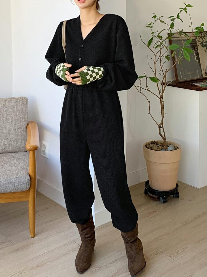 【新作10%OFF】Vネックボタンオールインワン・全3色・t66407 レディース 【pt】韓国ファッション オールインワン パンツ ロング ロング丈 長袖 ストレート カシュクール Vネック ポケット ゆったり ナチュラル ルーズパンツ 細身 体型カバー 秋 冬